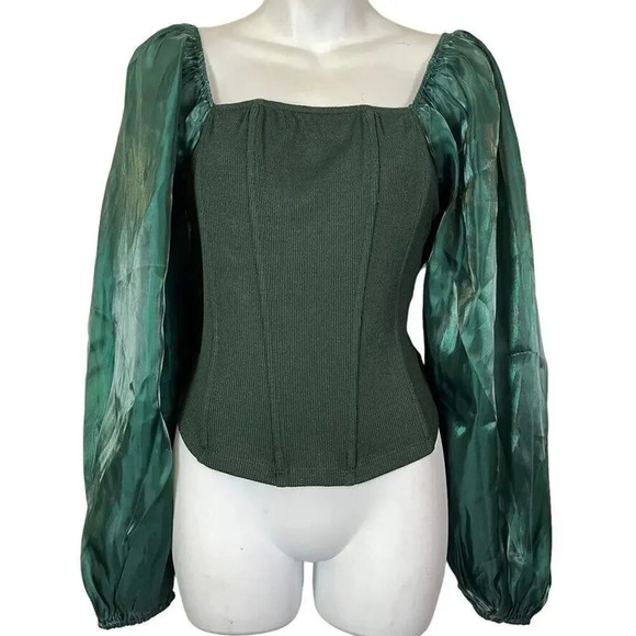 Oddy Womens Sheer Puff Sleeve Boned Ribbed Green Top Shirt Blouse NWT sz Large - Picture 1 of 16